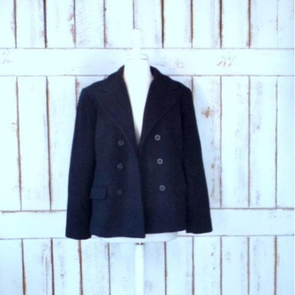 Vintage 90s black wool double breasted pea coat jacket black wool coat - Picture 1 of 8